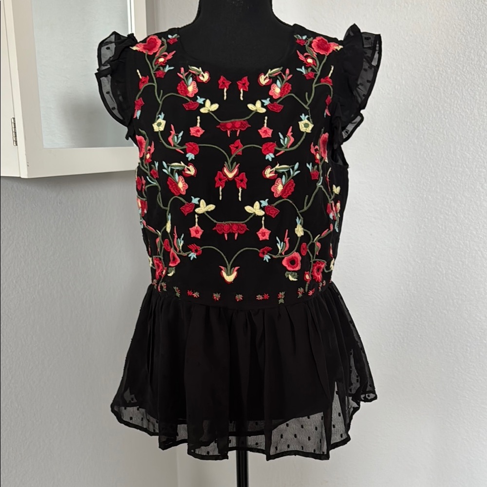 Floral Embroidered Black Top